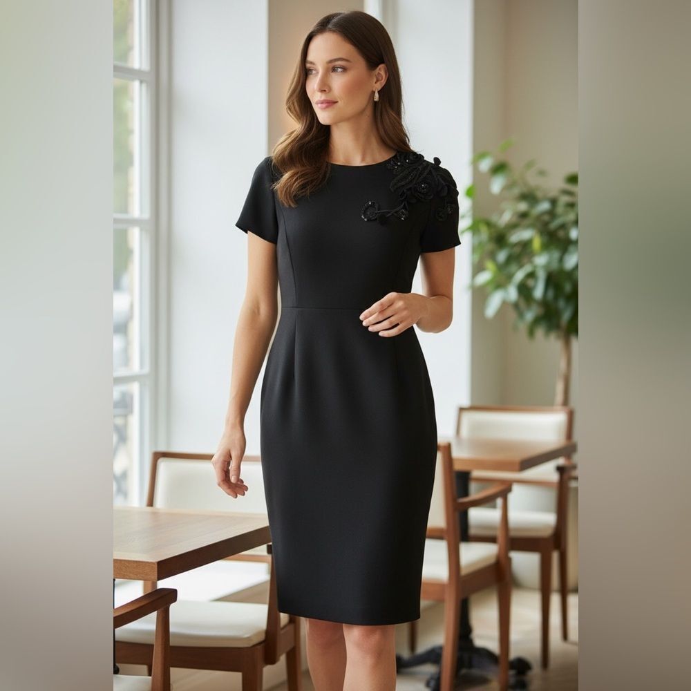 NEW Rickie Freeman Teri Jon Black Floral Appliqué Sequin Sheath Cocktail Dress 2